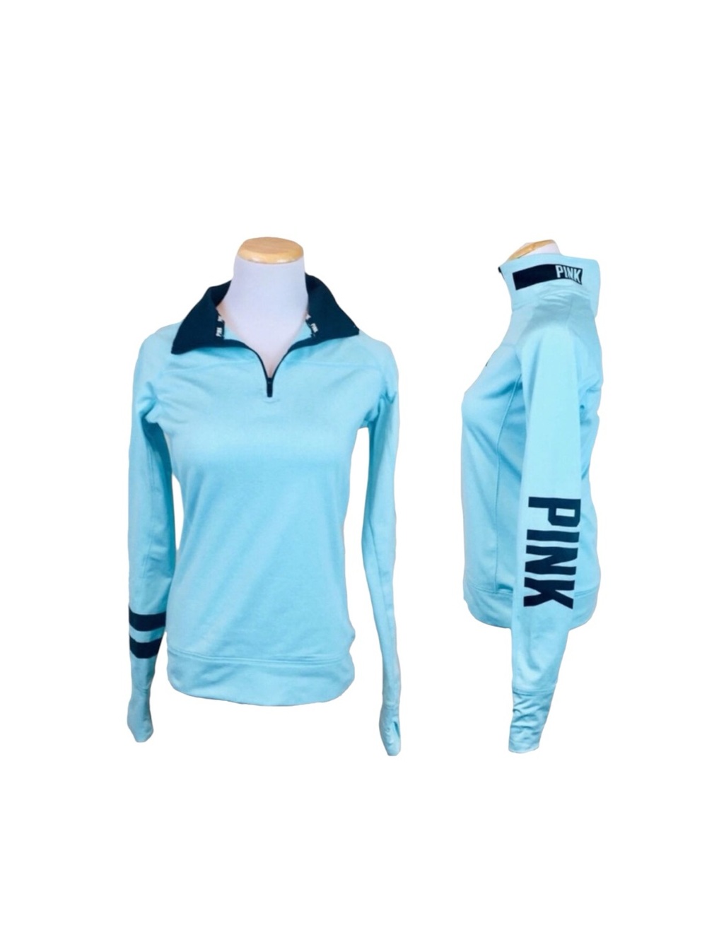 VICTORIA'S SECRET Turquoise Blue PINK 1/4 Zip Pullover Top XS Fitted Sporty
